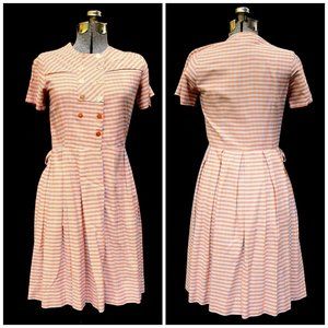 VTG 50's 60's Orange & Blue Gingham Style Print Fit Flare Cotton Day Dress XS/S